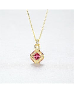 High Quality Unique Design Ruby Rhomboid Pendant Cubic Zirconia Women 925 Sterling Silver Necklace