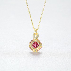 High Quality Unique Design Ruby Rhomboid Pendant Cubic Zirconia Women 925 Sterling Silver Necklace