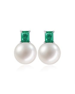 Simple Green Gem and Round Pearl Design Wholesale 925 Sterling Silver Earrings