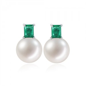 Simple Green Gem and Round Pearl Design Wholesale 925 Sterling Silver Earrings