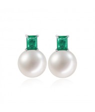 Simple Green Gem and Round Pearl Design Wholesale 925 Sterling Silver Earrings