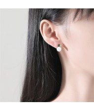 Simple Green Gem and Round Pearl Design Wholesale 925 Sterling Silver Earrings