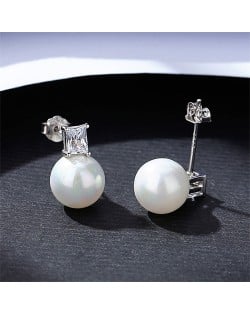 Simple Design Cubic Zirconia and Round Pearl Wholesale 925 Sterling Silver Earrings