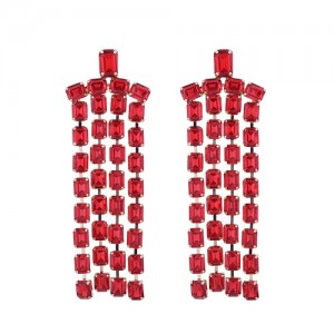 Exaggerated Design Long Tassel Rhinestone Women Fashion Wholesale Dangle Earrings - Red