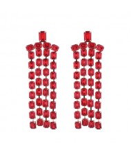 Exaggerated Design Long Tassel Rhinestone Women Fashion Wholesale Dangle Earrings - Red