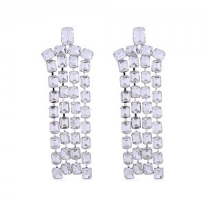 Exaggerated Design Long Tassel Rhinestone Women Fashion Wholesale Dangle Earrings - White