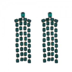 Exaggerated Design Long Tassel Rhinestone Women Fashion Wholesale Dangle Earrings - Green