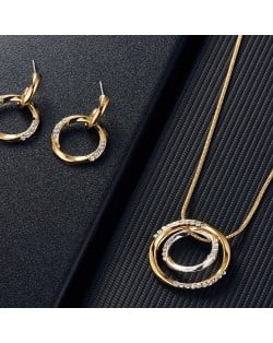 Popular Business Style Rhinestone Circle Pendant Wholesale Women Wedding Jewelry Set Necklace and Earrings Set - Golden