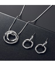 Popular Business Style Rhinestone Circle Pendant Wholesale Women Wedding Jewelry Set Necklace and Earrings Set - Silver