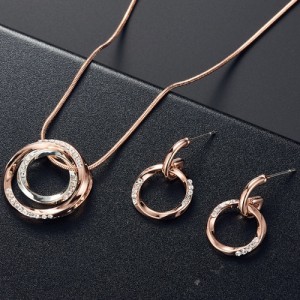 Popular Business Style Rhinestone Circle Pendant Wholesale Women Wedding Jewelry Set Necklace and Earrings Set - Rose Gold