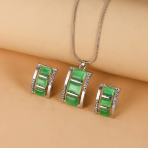 Rectangular Lattice Design Opal Pendant Wholesale Wedding Jewelry Set Necklace and Earrings Set - Green