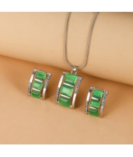 Rectangular Lattice Design Opal Pendant Wholesale Wedding Jewelry Set Necklace and Earrings Set - Green