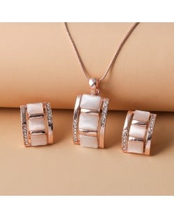 Rectangular Lattice Design Opal Pendant Wholesale Wedding Jewelry Set Necklace and Earrings Set - Rose Gold