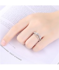 Cubic Zirconia Bowknot Dual Layers Women Platinum Plated Ring