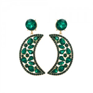 Fashion Hollow-out Moon Shape Design Rhinestone Women Wholesale Earrings - Green
