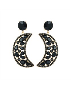 Fashion Hollow-out Moon Shape Design Rhinestone Women Wholesale Earrings - Black
