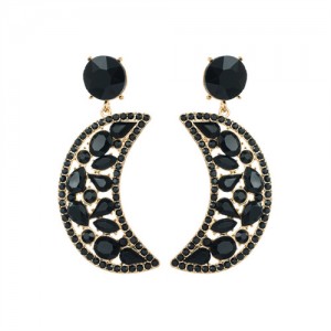 Fashion Hollow-out Moon Shape Design Rhinestone Women Wholesale Earrings - Black