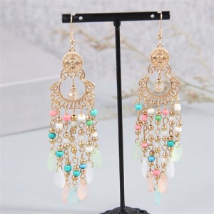 Bohemian Style Hollow Artistic Beads Tassel Women Fashion Wholesale Earrings - Blue and Pink