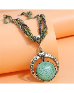 Bohemian Fashion Folk Style Round Pendant Weaving Chain Wholesale Costume Necklace - Green