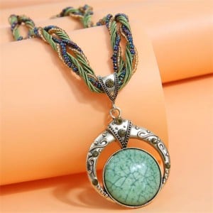 Bohemian Fashion Folk Style Round Pendant Weaving Chain Wholesale Costume Necklace - Green