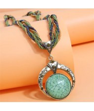 Bohemian Fashion Folk Style Round Pendant Weaving Chain Wholesale Costume Necklace - Green