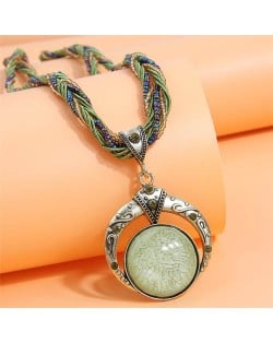 Bohemian Fashion Folk Style Round Pendant Weaving Chain Wholesale Costume Necklace - Pea Green