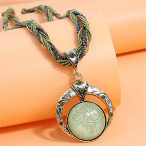 Bohemian Fashion Folk Style Round Pendant Weaving Chain Wholesale Costume Necklace - Pea Green