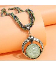 Bohemian Fashion Folk Style Round Pendant Weaving Chain Wholesale Costume Necklace - Pea Green