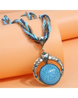 Bohemian Fashion Folk Style Round Pendant Weaving Chain Wholesale Costume Necklace - Blue