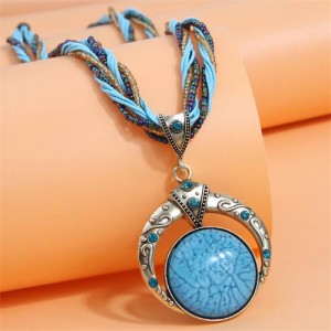 Bohemian Fashion Folk Style Round Pendant Weaving Chain Wholesale Costume Necklace - Blue