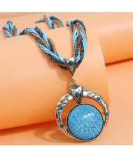 Bohemian Fashion Folk Style Round Pendant Weaving Chain Wholesale Costume Necklace - Blue