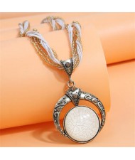 Bohemian Fashion Folk Style Round Pendant Weaving Chain Wholesale Costume Necklace - White