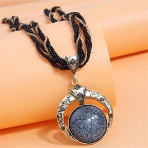 Bohemian Fashion Folk Style Round Pendant Weaving Chain Wholesale Costume Necklace - Black