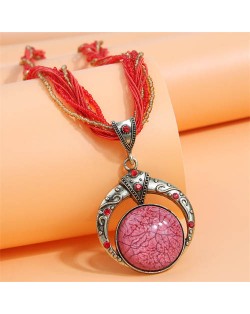 Bohemian Fashion Folk Style Round Pendant Weaving Chain Wholesale Costume Necklace - Red