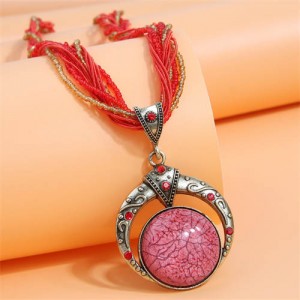 Bohemian Fashion Folk Style Round Pendant Weaving Chain Wholesale Costume Necklace - Red