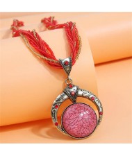 Bohemian Fashion Folk Style Round Pendant Weaving Chain Wholesale Costume Necklace - Red