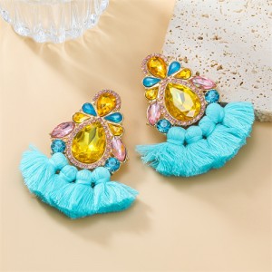 Bohemian Style Colorful Rhinestone StringTassel Women Fashion Wholesale Earrings - Sky Blue
