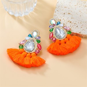 Bohemian Style Colorful Rhinestone StringTassel Women Fashion Wholesale Earrings - Orange