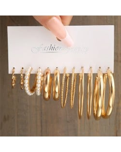 Simple Design Twist Pearl Small and Big Hoop Combo Golden Alloy Wholesale Women Earrings Set