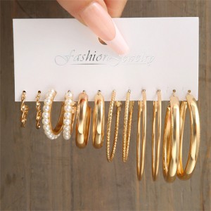 Simple Design Twist Pearl Small and Big Hoop Combo Golden Alloy Wholesale Women Earrings Set