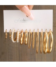 Simple Design Twist Pearl Small and Big Hoop Combo Golden Alloy Wholesale Women Earrings Set