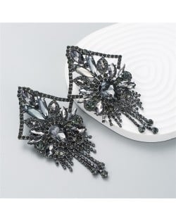 U.S. Fashion Super Shiny Rhinestone Luxury Flashy Exaggerated Long Tassel Earrings - Black