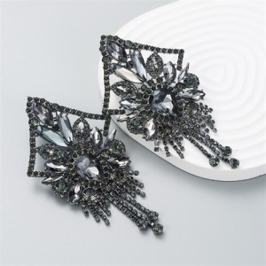 U.S. Fashion Super Shiny Rhinestone Luxury Flashy Exaggerated Long Tassel Earrings - Black