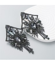 U.S. Fashion Super Shiny Rhinestone Luxury Flashy Exaggerated Long Tassel Earrings - Black