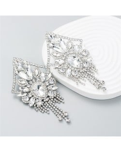 U.S. Fashion Super Shiny Rhinestone Luxury Flashy Exaggerated Long Tassel Earrings - White