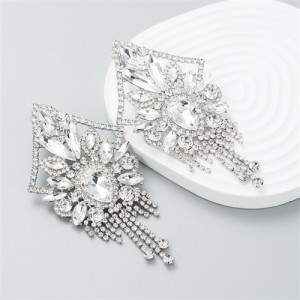 U.S. Fashion Super Shiny Rhinestone Luxury Flashy Exaggerated Long Tassel Earrings - White