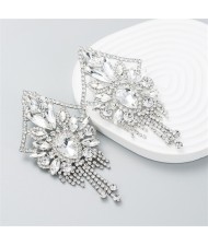 U.S. Fashion Super Shiny Rhinestone Luxury Flashy Exaggerated Long Tassel Earrings - White