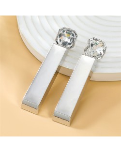 Simple Cuboid Shape Design Bling Rhinestone Decorated Exaggerated Women Alloy Earrings - Silver