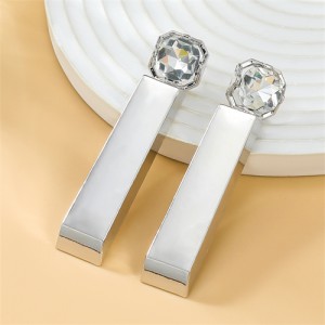 Simple Cuboid Shape Design Bling Rhinestone Decorated Exaggerated Women Alloy Earrings - Silver