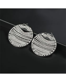 Unique Design Shining Rhinestone Chain Round Shape Exaggerated Women Earrings - Silver